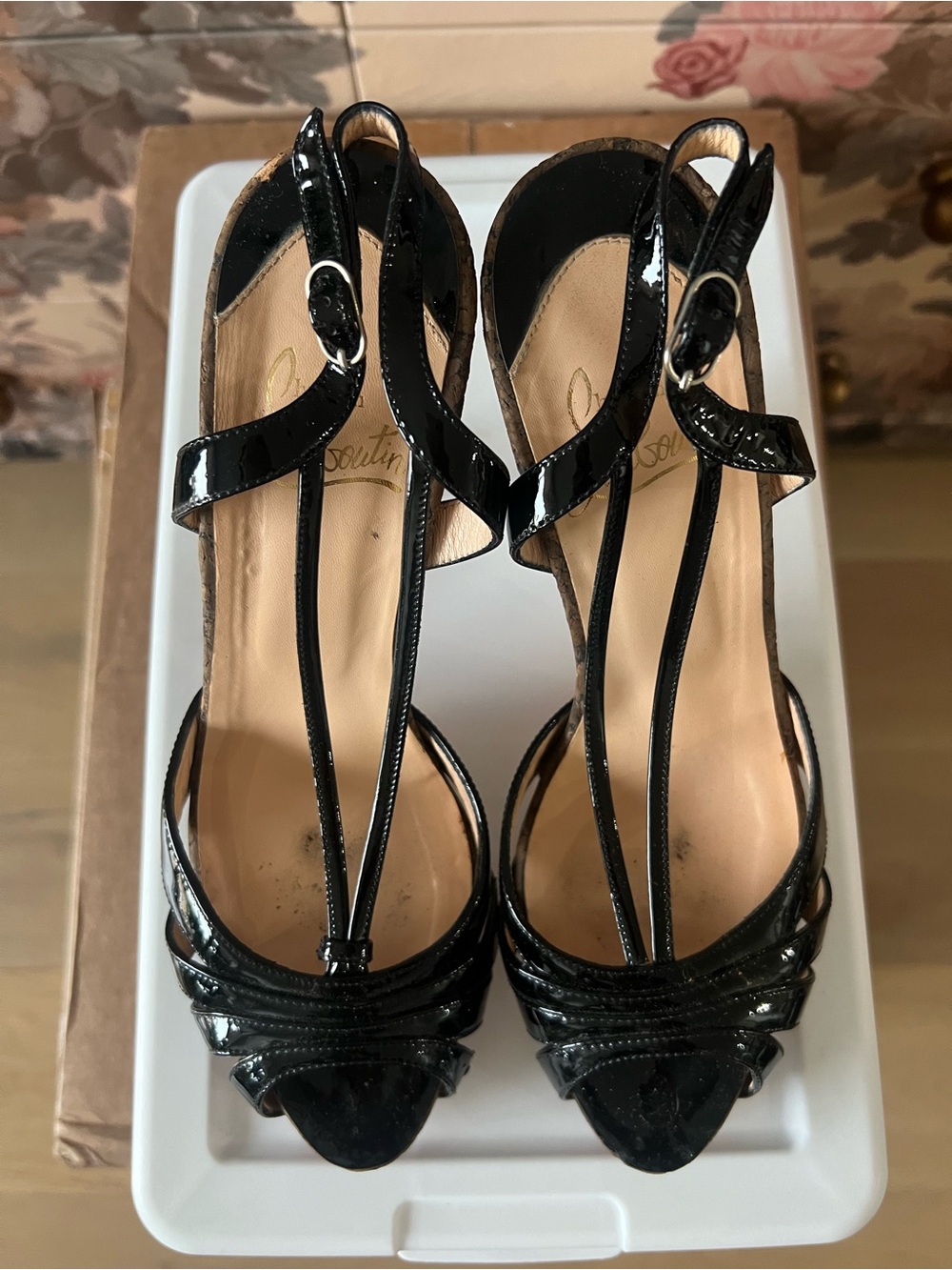 Christian Louboutin Black Patent Leather T-Strap Platform Sandals - Picture 2 of 6